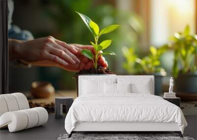 A woman is planting a small plant in a pot Wall mural