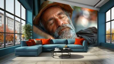 Senior or old man tired of summer heat. Backdrop with selective focus and copy space Wall mural