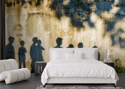 Shadows of refugees on the wall. Backdrop with selective focus and copy space Wall mural