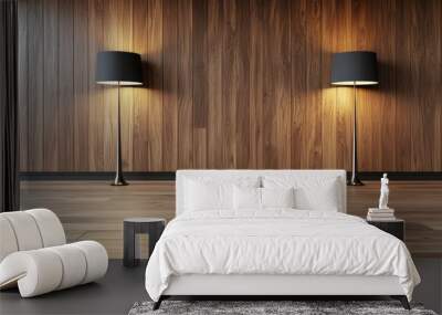 The room is empty and has two lamps on either side of a wooden wall Wall mural