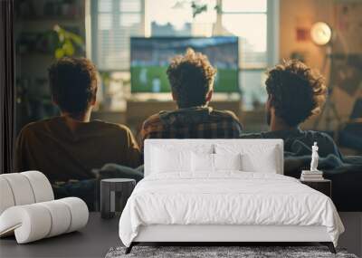 Three men are sitting on a couch watching a soccer game on a television, fans cheer for the football team on TV Wall mural