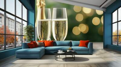 Two champagne flutes with bubbles on the side sit on a table Wall mural