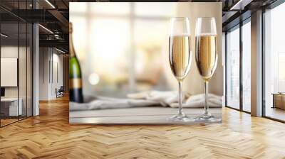 Two champagne glasses are on a table next to a bottle of champagne Wall mural