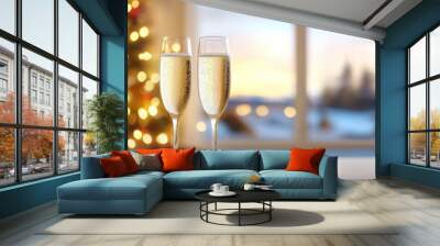 Two champagne glasses are on a table with a Christmas tree in the background Wall mural