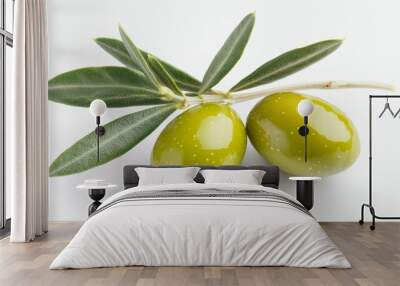 Two green olives on a white background Wall mural