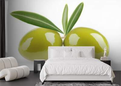 Two green olives with a leaf on top Wall mural