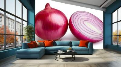 Two onions, one whole and one cut in half, are shown on a white background Wall mural