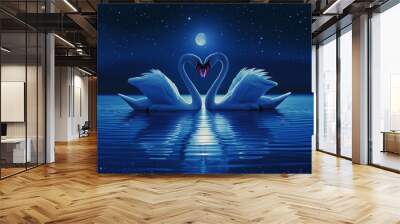 Two swans form a heart. Backdrop with selective focus and copy space Wall mural