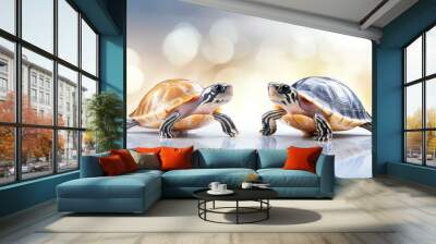 Two turtles are facing each other on a white surface Wall mural