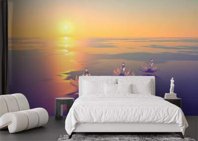 3d illustration of three buddhas in lotuses at dawn Wall mural