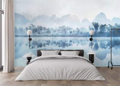 Amazing watercolor view of foggy morning of a mountain range with a lake in the foreground. water is calm and the sky is blue. travel landscapes and destinations Wall mural