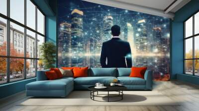 business man and the big data wireless 5G connecting, futuristic, technology, city, digital, internet, communication, success, network, innovation, online Wall mural