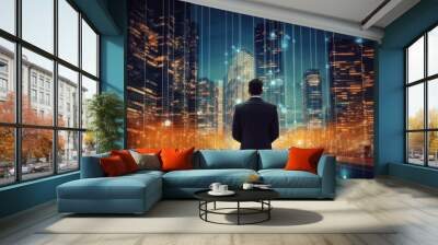 business man and the big data wireless 5G connecting, futuristic, technology, city, digital, internet, communication, success, network, innovation, online Wall mural