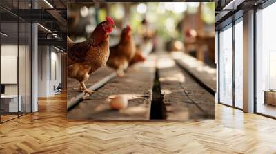 empty table top with blur background of laying hen farm and egg, Advertisement, Print media, Illustration, Banner, for website, copy space, for word, template, presentation Wall mural