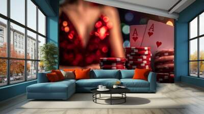 gamble, poker, casino, lucky, nightlife, chip, win, glossy fancy lady wear sexy dress rising two red aces playing cards isolated black color background. Wall mural