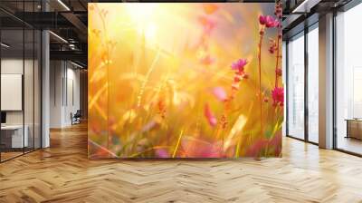 Nature background. Beautiful summer meadow background. Inspirational nature, field of flowers with a bright sun shining on them. flowers are yellow and pink. Scene is cheerful and peaceful Wall mural