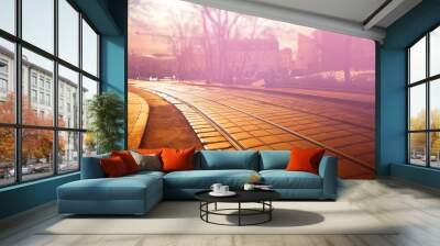 Tram railway during sunset transportation backdrop Wall mural