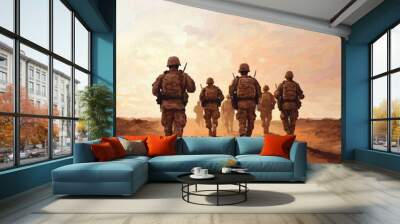 Soldiers Marching Towards the Horizon at Dusk in a Desert Landscape Wall mural