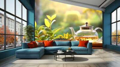 A glass teapot filled with herbal tea and a matching teacup. Tea ceremony. 2 Wall mural