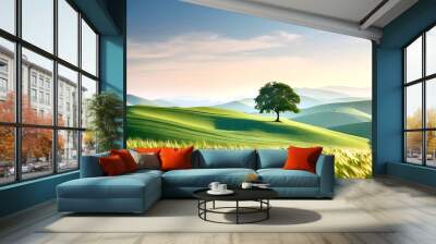 A minimalist landscape of rolling green hills under a vast, clear sky, with a single tree breaking the horizon. 4 Wall mural