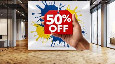 A vibrant and eye-catching illustration of a hand holding a 50% off sale tag. Big Savings. Discount. Limited Time Offer. Exclusive Deal. 2 Wall mural