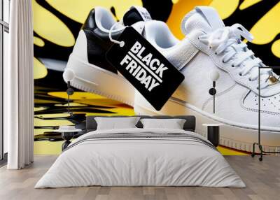 Black Friday Sneaker Sale: A stylish and trendy image of sneakers with a Black Friday sale tag, showcasing the latest fashion and footwear trends. Footwear. 3 Wall mural