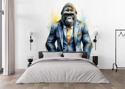 Gorilla in a Suit: A Wild Businessman - a gorilla in a corporate suit, blending the wild and the professional. Humorous watercolor image. Business. Animal. 2 Wall mural