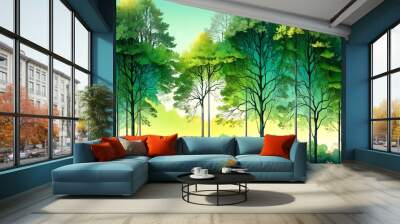 Illustration of an abstract forest pattern with overlapping tree silhouettes in a gradient color scheme. Background. 2 Wall mural