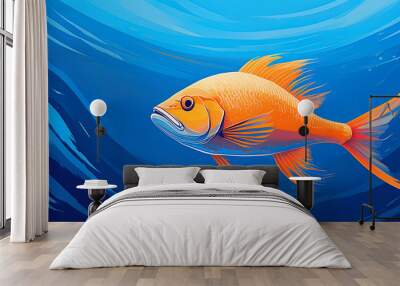 Illustration of an orange fish swimming in a blue sea. 3 Wall mural