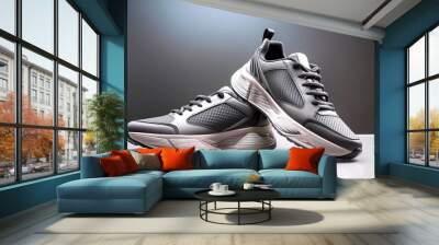 Pair of modern, stylish sneakers placed on a clean, monochrome background, showcasing their sleek design. 2 Wall mural