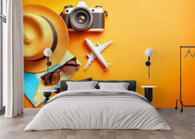 Travel Essentials: A vibrant collection of travel essentials, including a camera, airplane, sunglasses, hat, and map, ready for your next adventure. Yellow. 1 Wall mural