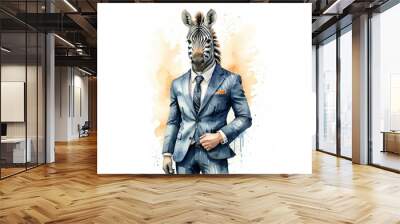 Zebra in a Suit: A Wild Businessman - Watercolor illustration showcases a Zebra in a corporate suit, blending the wild and the professional. Humorous image. 2 Wall mural