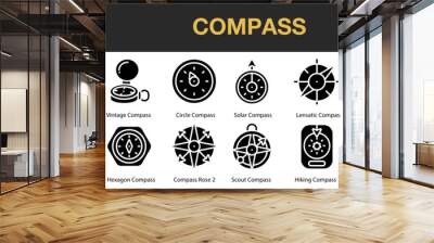 Compass solid icon set. Includes boat, circle, classic, compass rose, and More. Solid icons vector collection. Wall mural