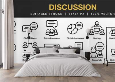 Discussion icon set. Editable Stroke Icon Collection. Includes group talk, laptop, letter, sharing, speech, team discussion, and More. Outline icons vector collection. Wall mural