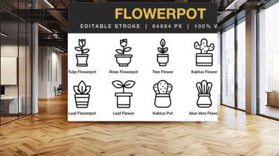 Flowerpot icon set. Editable Stroke Icon Collection. Includes cactus, leaf, rose, sakura, seeds, tree pot, tulip, and More. Outline icons vector collection. Wall mural