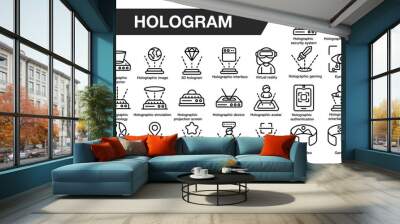 Set of 30 Hologram icon set. Includes map, moder, gaming, scan, chip, globe, watch, and More. Outline icons vector collection. Wall mural