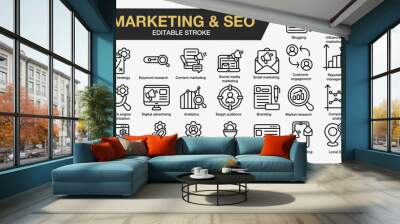 Set of 30 Marketing & Seo icon set. Editable Stroke Icon Collection. Includes blogging, pay per click, sosial media , branding,mobile marketing and More. Outline icons vector collection. Wall mural