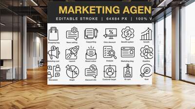 Set of 30 Marketing agency icon set. Editable Stroke Icon Collection. Includes analysis, statistic, marketing, graph, target, product, and More. Outline icons vector collection. Wall mural