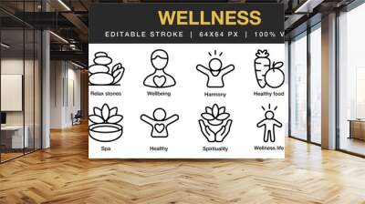 Wellness icon set. Editable Stroke Icon Collection. Includes harmony, healthy food, spa, spiritual, relax, wellness, and More. Outline icons vector collection. Wall mural