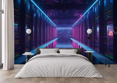 Futuristic security cloud data center server racks with pink vibrant neon-lit light.3d rendering. Wall mural