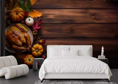 Top view of traditional Thankgiving turkey dinner on a dark wood banner background with copy space. Wall mural