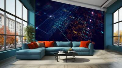 Block chain network/Blockchain network concept , Distributed register technology , Block chain text and computer connection with blue background Wall mural