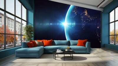 Blue sunrise, view of earth from space/Planet earth sunrise meets the city lights. Some elements of this image furnished by NASA Wall mural