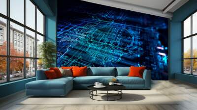 Blue technology background/Abstract technological background made of different element printed circuit board and flares. Depth of field effect and bokeh Wall mural