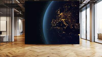 Earth digital systems/3d rendering Earth with the lights of European cities, as well as lines of digital communication systems. Some elements of the image provided by NASA. 3d rendering Wall mural