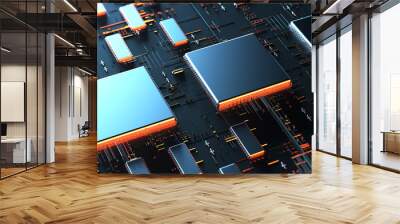 Printed circuit board futuristic server/Circuit board futuristic server code processing. Orange,  green, blue technology background with bokeh. 3d rendering Wall mural