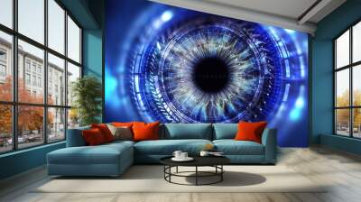 Security access  technology/Eye viewing digital information represented by circles and signs, background depth of field. Technology concept Wall mural