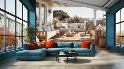 Coastal garden terrace patio outdoor, with wood and fabric blue white and beige accents around noon sunny day in Australia at the beach - Generative AI Wall mural