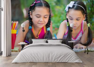 Sisters reading book in summer park Wall mural