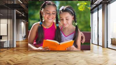 Sisters reading book in summer park Wall mural